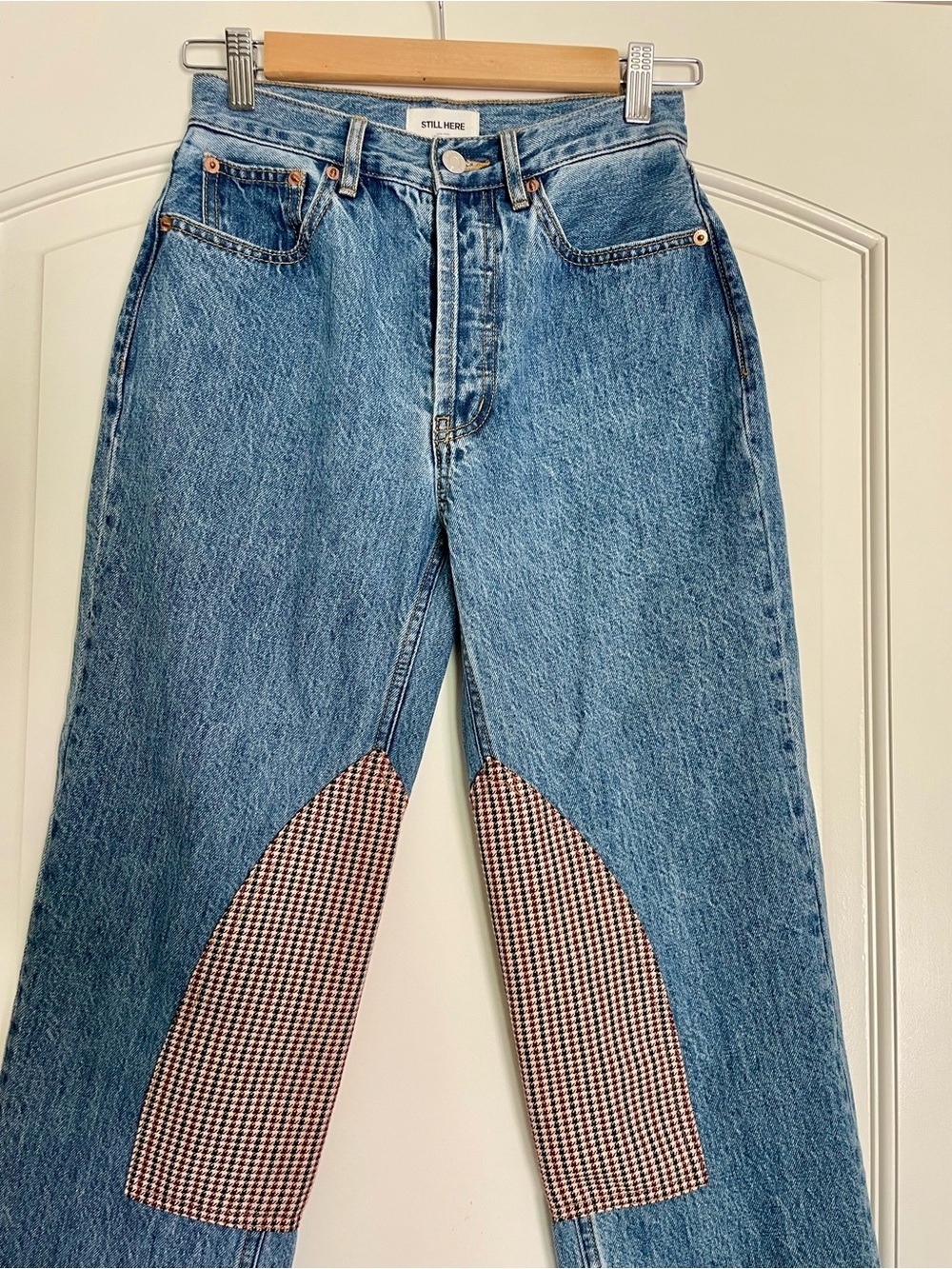 Still Here Childhood Straight Jeans Regular Fit Blue Denim Houndstooth Cotton 24 - Picture 2 of 7